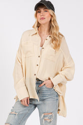 Frayed Hem Side Slit Button Down Shirt Sage + Fig Natural S